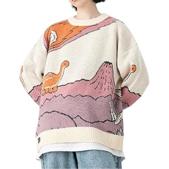 Aelfric Eden Dinosaur Knit Sweater Unisex Small Artsy Boho Retro Oversized - Picture 1 of 6